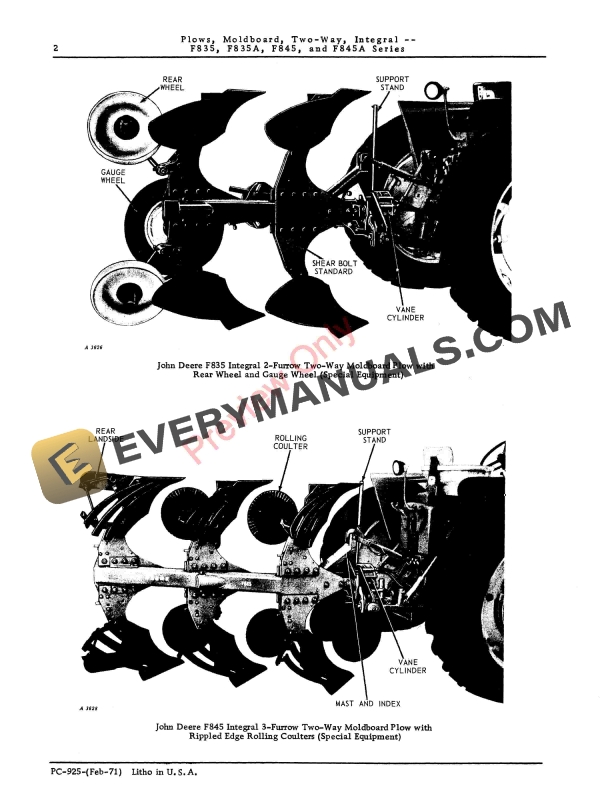 John Deere F835, F835A, F845, F845A Moldboard Plows Parts Catalog PC925 01FEB71-4