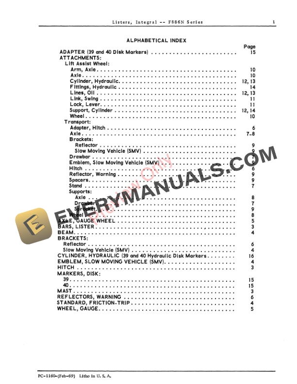 John Deere F886N Series Integral Listers Parts Catalog PC1160 01APR69 3