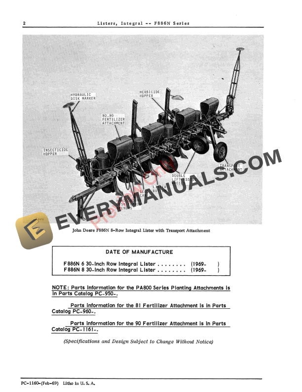 John Deere F886N Series Integral Listers Parts Catalog PC1160 01APR69 4