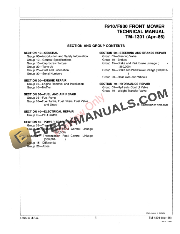 John Deere F910 F930 Front Mowers Technical Manual TM1301 01APR86 3