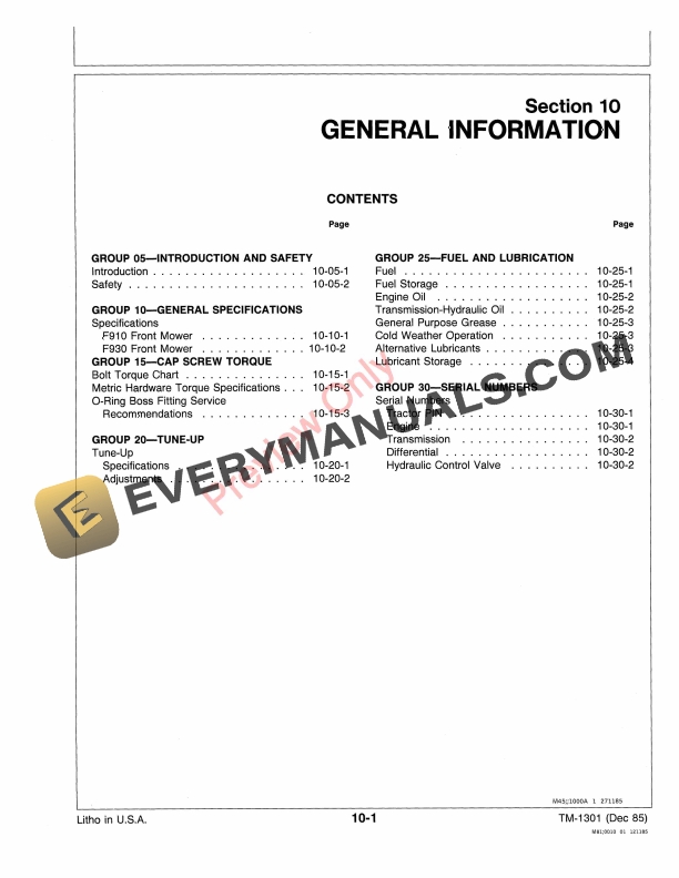 John Deere F910 F930 Front Mowers Technical Manual TM1301 01APR86 5