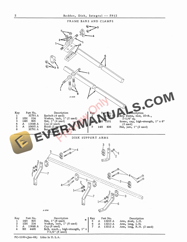 John Deere F912 Disk Bedder Integral Parts Catalog PC1100 01JAN68 4
