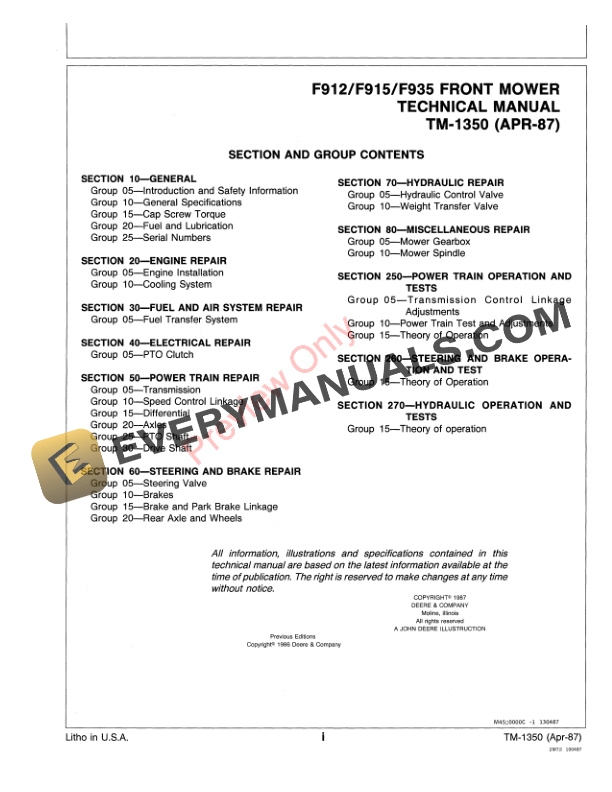 John Deere F912 F915 F935 Front Mowers Technical Manual TM1350 01MAR87 3