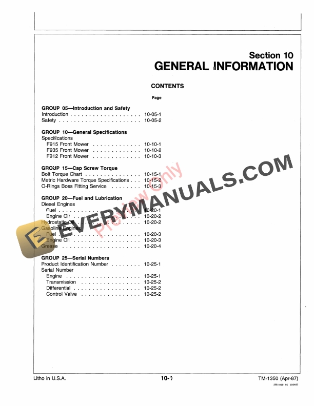John Deere F912 F915 F935 Front Mowers Technical Manual TM1350 01MAR87 5