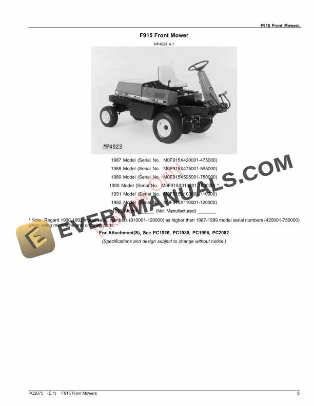 John Deere F915 Front Mowers Parts Catalog PC2075 10SEP23-5