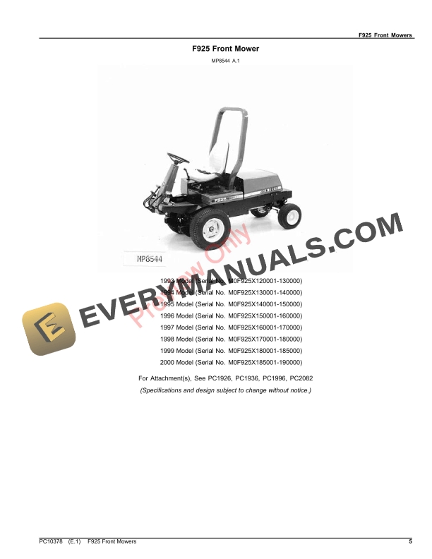 John Deere F925 FRONT MOWERS Parts Catalog PC10378 24SEP23 6 John Deere F925 FRONT MOWERS Parts Catalog PC10378 24SEP23 5