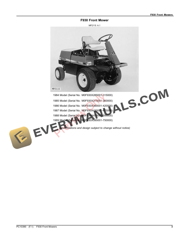 John Deere F930 Front Mower Parts Catalog PC10390 24JUN22 3