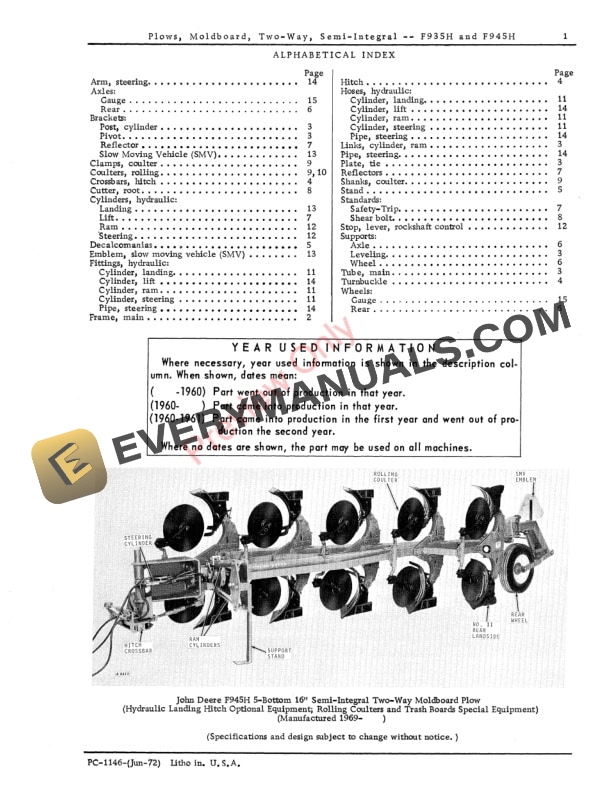 John Deere F935H F945H Semi Integral Two Way Moldboard Plows Parts Catalog PC1146 01JUN72 3