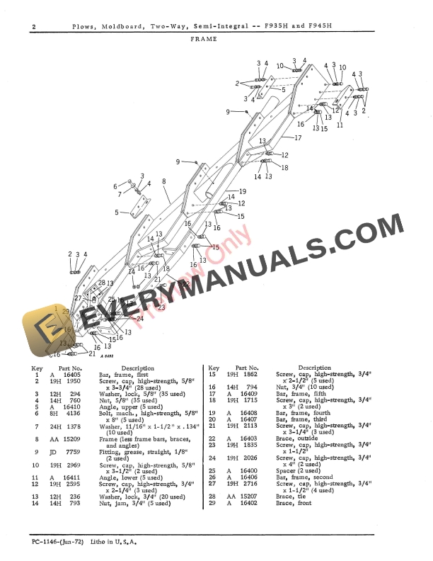 John Deere F935H F945H Semi Integral Two Way Moldboard Plows Parts Catalog PC1146 01JUN72 4