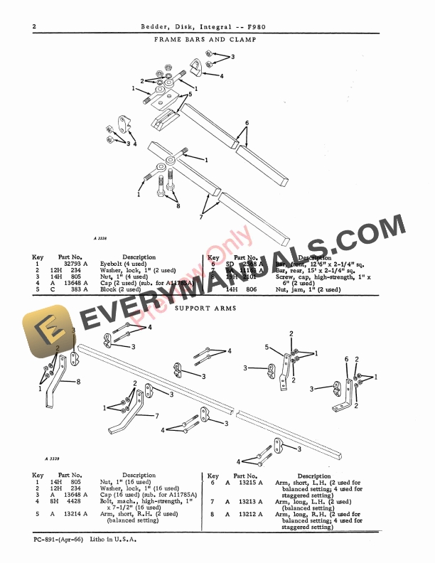 John Deere F980 Integral Disk Bedders Parts Catalog PC891 01APR66-4
