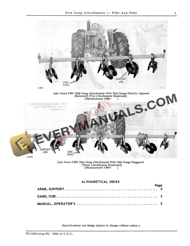John Deere F981 F982 Disk Gang Attachments Parts Catalog PC1026 01AUG66 3