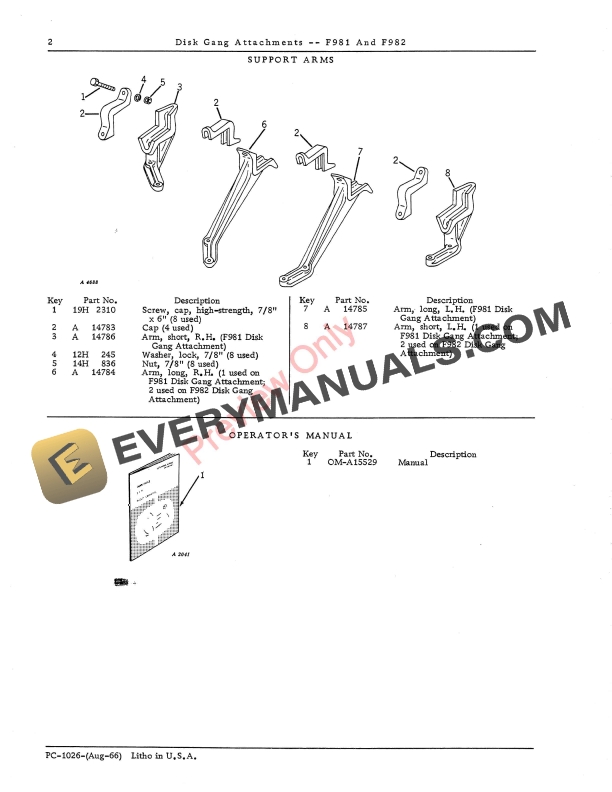 John Deere F981 F982 Disk Gang Attachments Parts Catalog PC1026 01AUG66 4