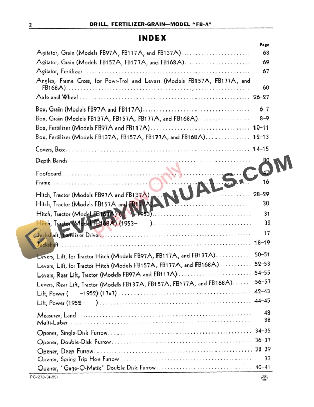 John Deere FB-A Fertilizer-Grain Drill Parts Catalog PC278 01FEB65-4