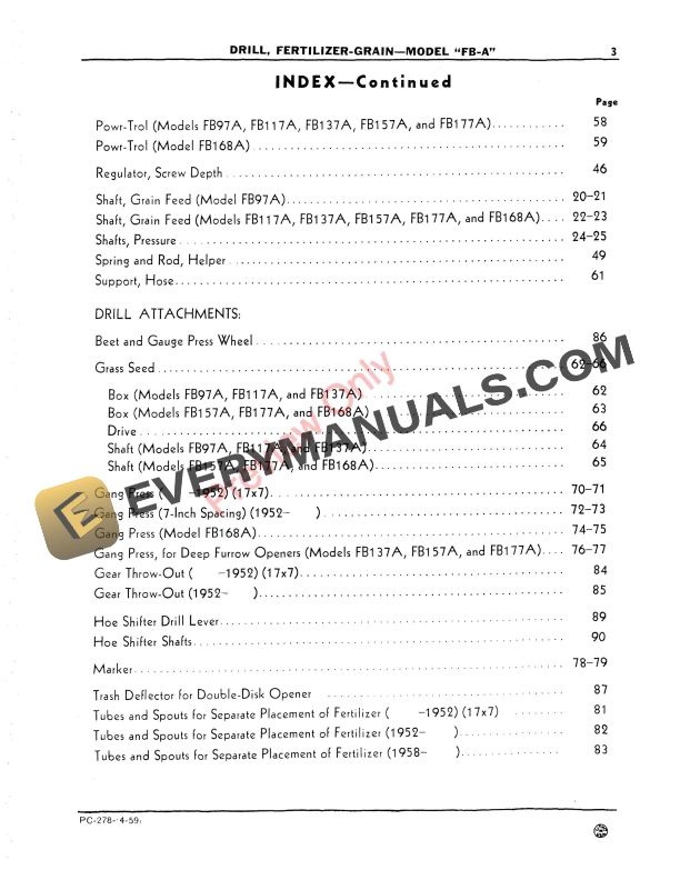 John Deere FB-A Fertilizer-Grain Drill Parts Catalog PC278 01FEB65-5