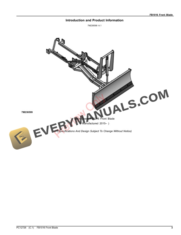 John Deere FB1016 Front Blade Parts Catalog PC12726 31DEC21-3