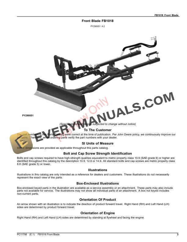 John Deere FB1018 Front Blade Parts Catalog PC11798 31DEC21 3