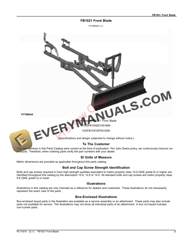 John Deere FB1021 Front Blade Parts Catalog PC11818 06AUG23 3