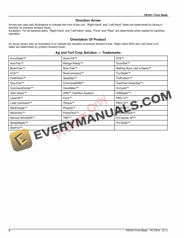 John Deere FB1021 Front Blade Parts Catalog PC11818 06AUG23 4