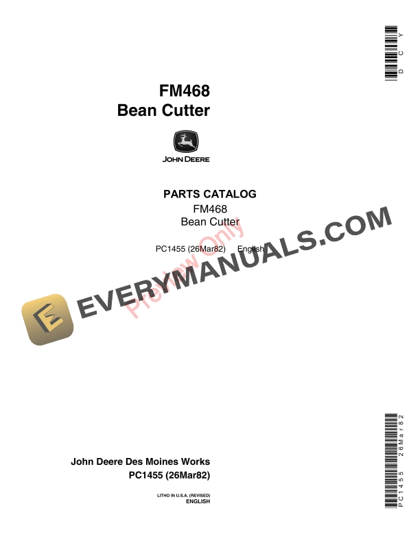 John Deere FM468 Bean Cutter Parts Catalog PC1455 26MAR82-1