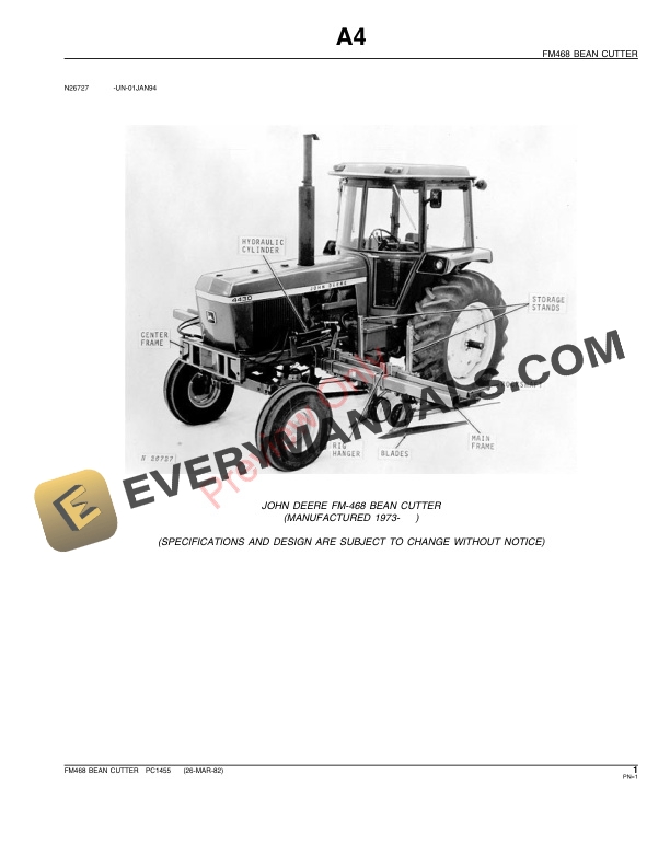 John Deere FM468 Bean Cutter Parts Catalog PC1455 26MAR82-3