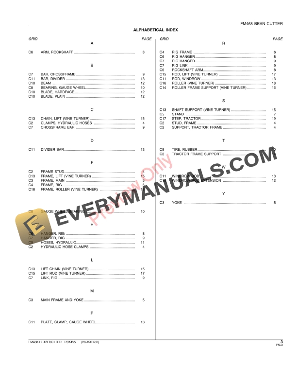 John Deere FM468 Bean Cutter Parts Catalog PC1455 26MAR82-5