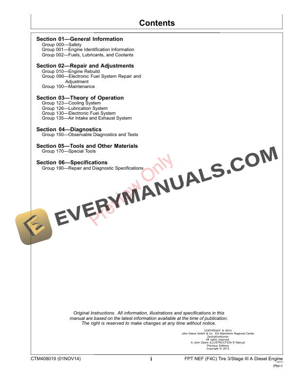 John Deere FPT NEF (F4C) Diesel Engine (Tier 3Stage III A platform) Component Technical Manual CTM408019 01NOV14 4 John Deere FPT NEF F4C Diesel Engine Tier 3Stage III A platform Component Technical Manual CTM408019 01NOV14 3