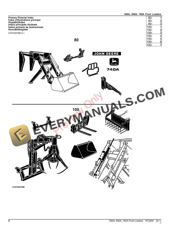 John Deere FRONT LOADERS 540A, 640A, 740A (011001- ) Parts Catalog PC3204 24AUG23 5 John Deere FRONT LOADERS 540A, 640A, 740A (011001- ) Parts Catalog PC3204 24AUG23-4