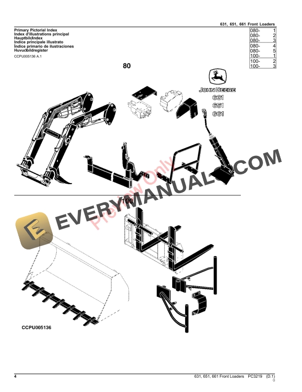 John Deere FRONT LOADERS 631, 651, 661 Parts Catalog PC3219 12JUL22-4