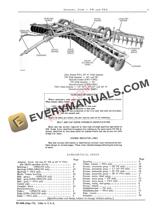 John Deere FW, FWA Disk Harrows Parts Catalog PC494 01MAY73-3