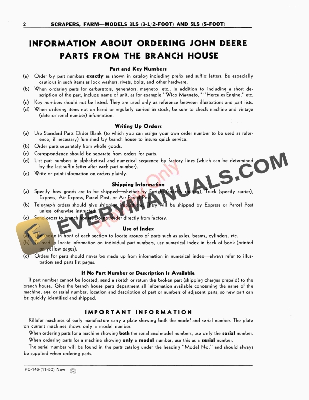 John Deere Farm Scrapers – Models 3LS, 5LS Parts Catalog PC146 01NOV50-4