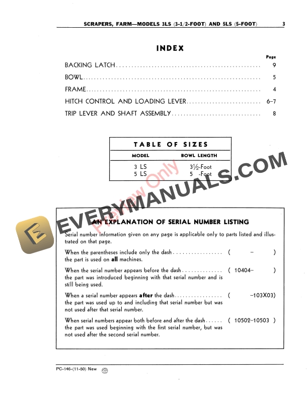 John Deere Farm Scrapers – Models 3LS, 5LS Parts Catalog PC146 01NOV50-5