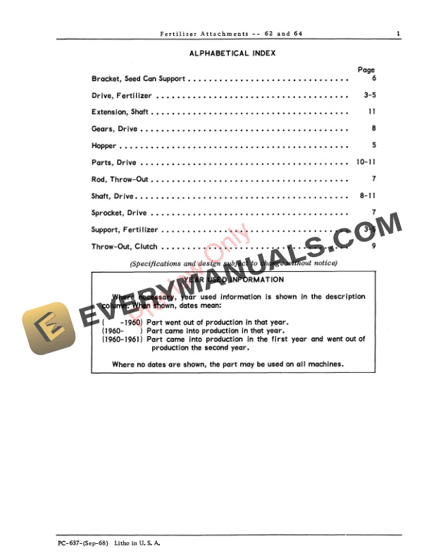 John Deere Fertilizer Attachment – 62, 64 Parts Catalog PC637 01SEP68-3