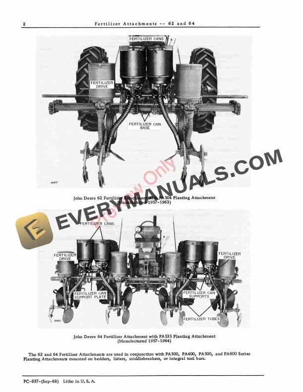 John Deere Fertilizer Attachment – 62, 64 Parts Catalog PC637 01SEP68-4
