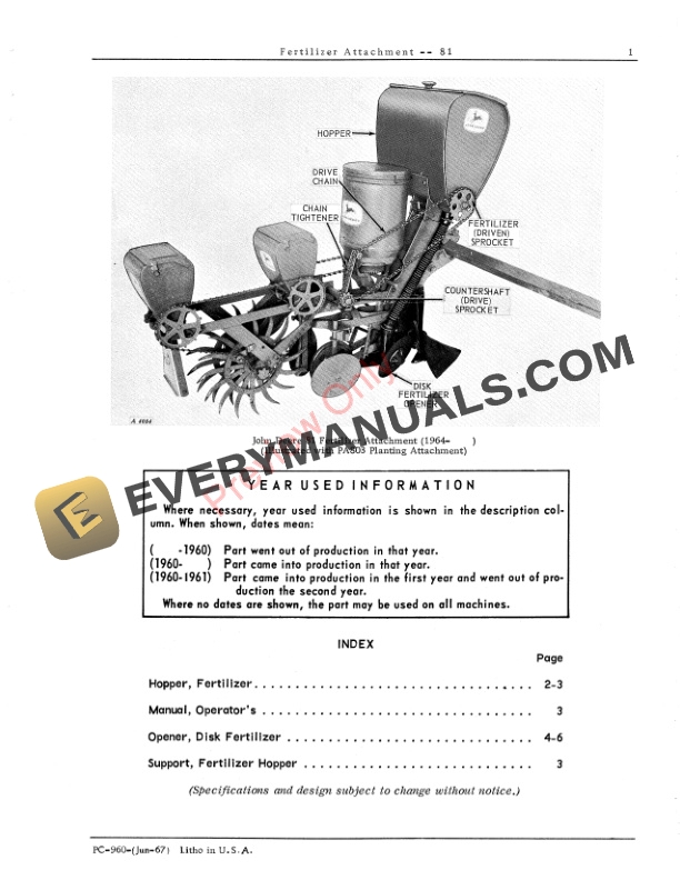 John Deere Fertilizer Attachment – 81 Parts Catalog PC960 01JUN67-3