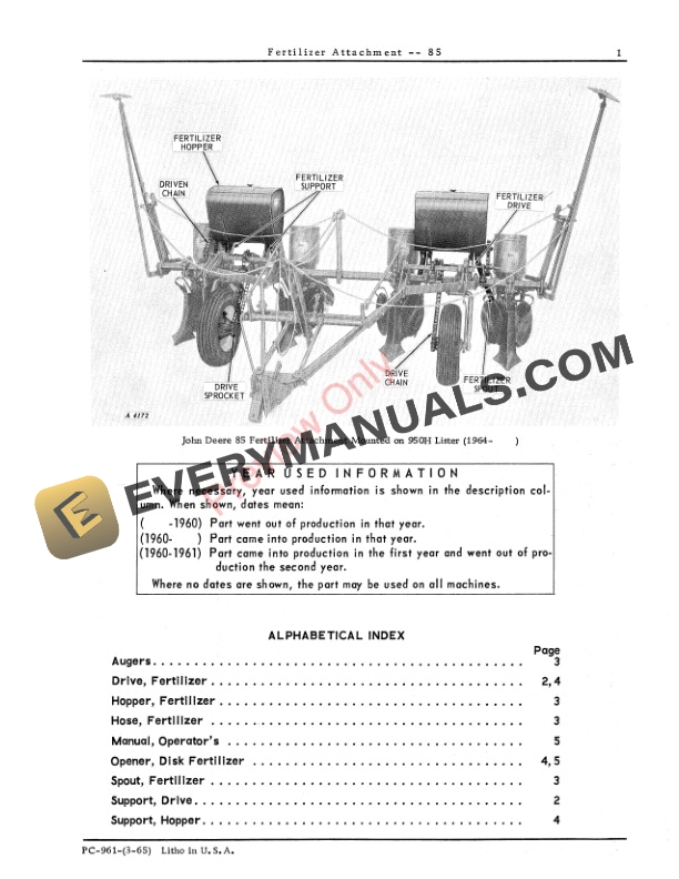 John Deere Fertilizer Attachment – 85 Parts Catalog PC961 01MAR65-3