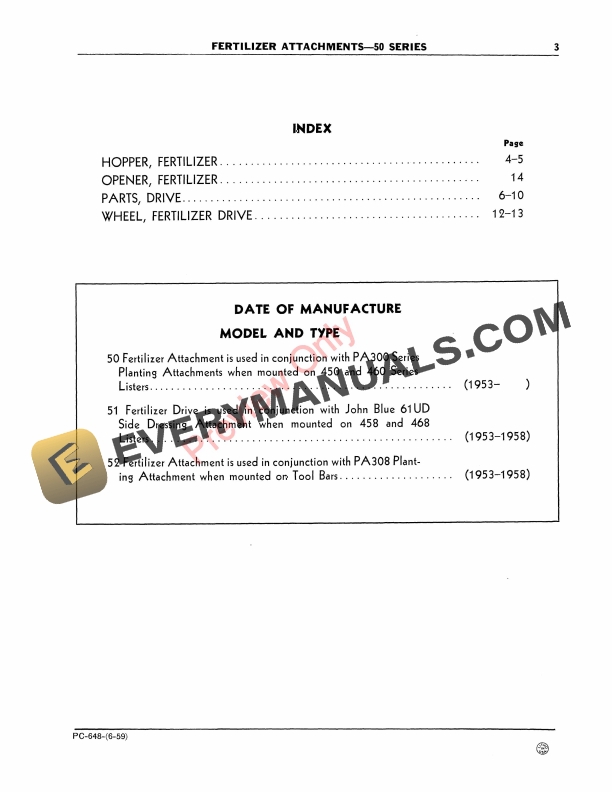 John Deere Fertilizer Attachments – 50 Series Parts Catalog PC648 01JUN59-5