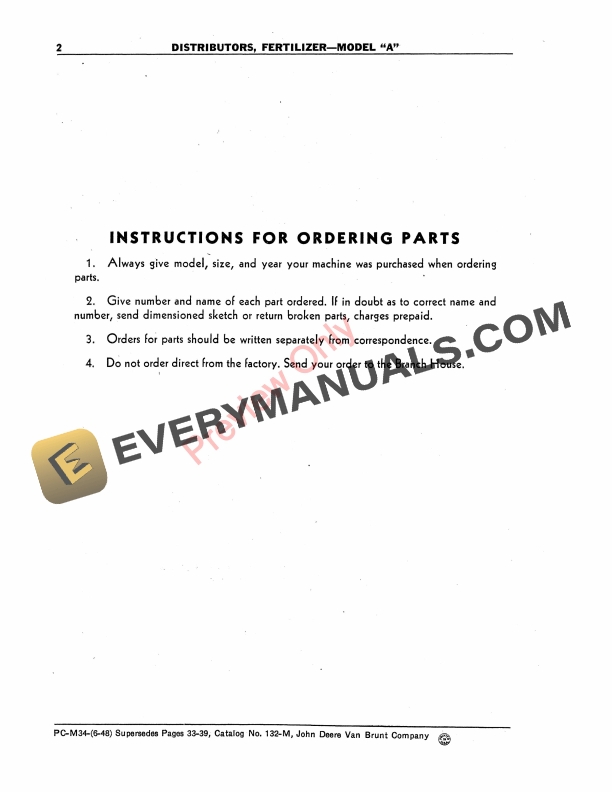 John Deere Fertilizer Distributor – Model ‘A’ Parts Catalog PCM34 01JUN48-4