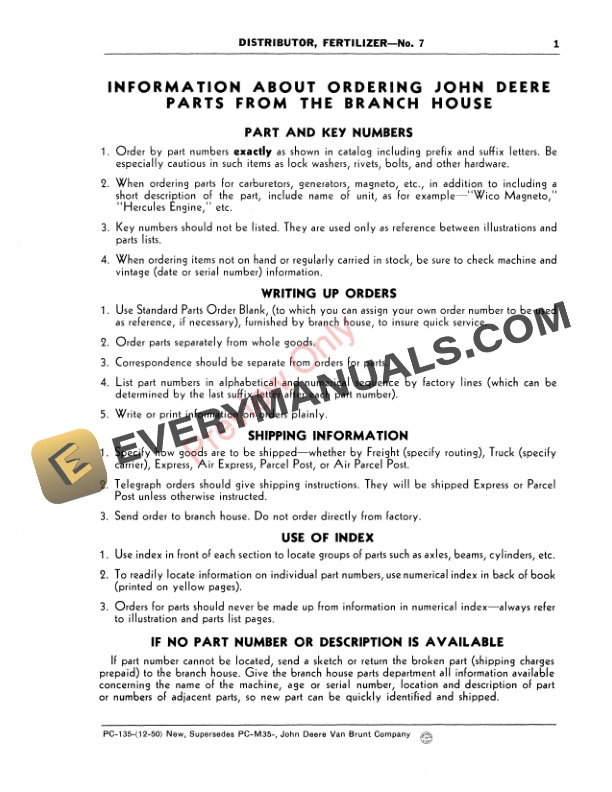 John Deere Fertilizer Distributor – No. 7 Parts Catalog PC135 01DEC50-3