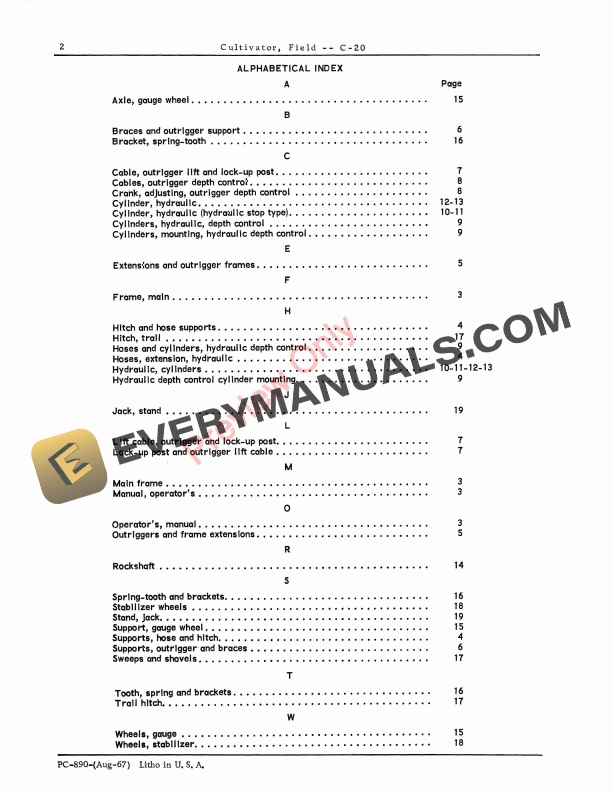 John Deere Field Cultivator – C20 Parts Catalog PC890 01AUG67-4