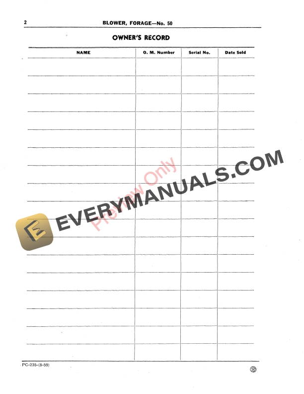 John Deere Forage Blower – No. 50 Parts Catalog PC235 01AUG59-4