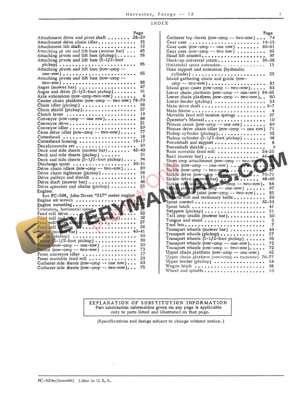 John Deere Forage Harvester – 12 Parts Catalog PC620 01NOV66-3