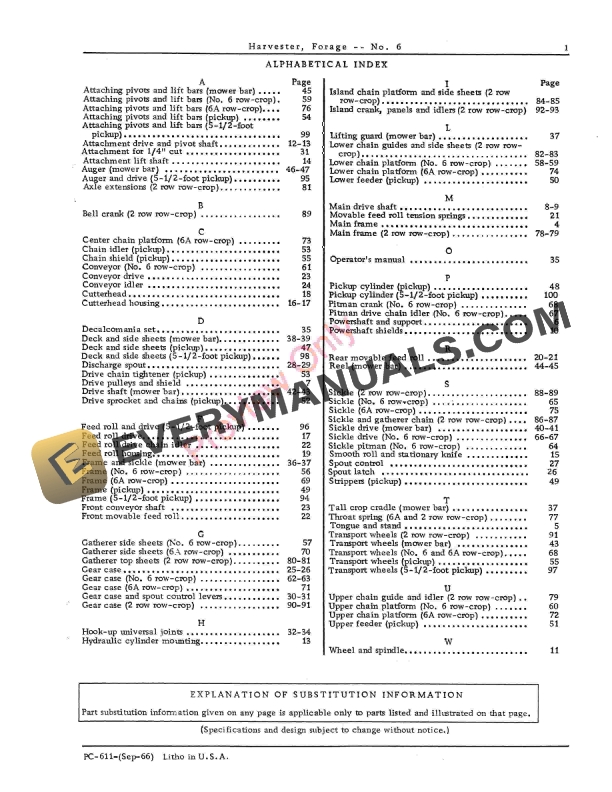 John Deere Forage Harvester – No. 6 Parts Catalog PC611 01SEP66-5