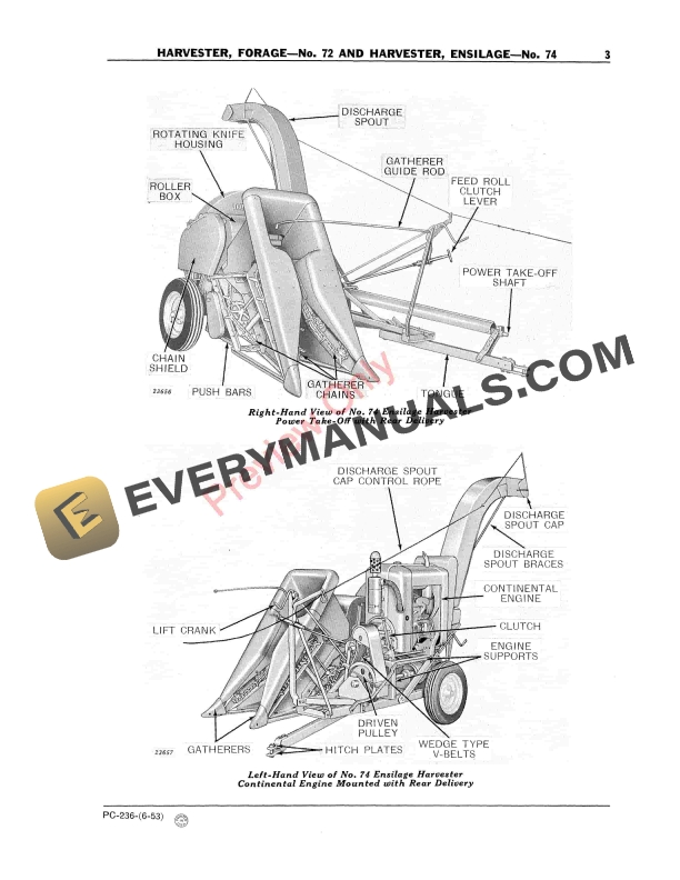 John Deere Forage Harvester - No. 72, Ensilage Harvester - No. 74 Parts Catalog PC236 01JUN53 6 John Deere Forage Harvester – No. 72, Ensilage Harvester – No. 74 Parts Catalog PC236 01JUN53-5