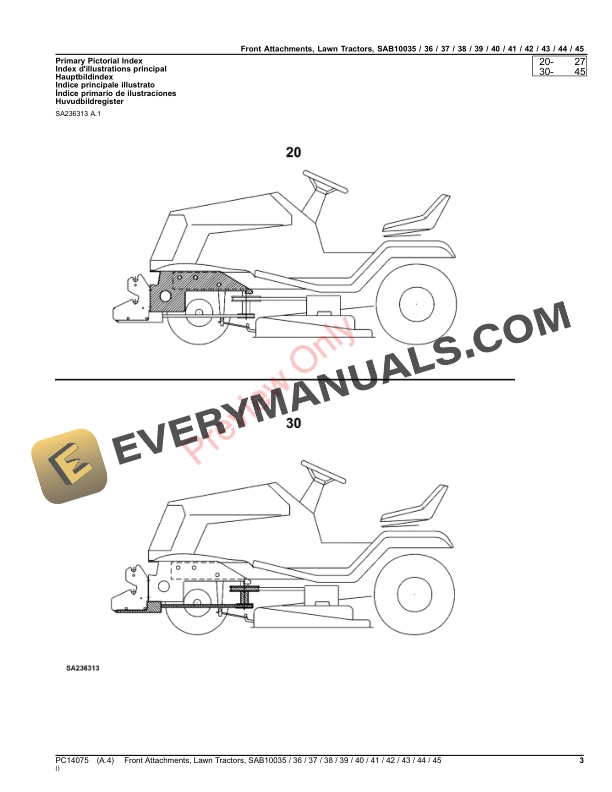 John Deere Front Attachments, Lawn Tractors, SAB10035 36 37 38 39 40 41 42 43 44 45 Parts Catalog PC14075 08AUG16-3