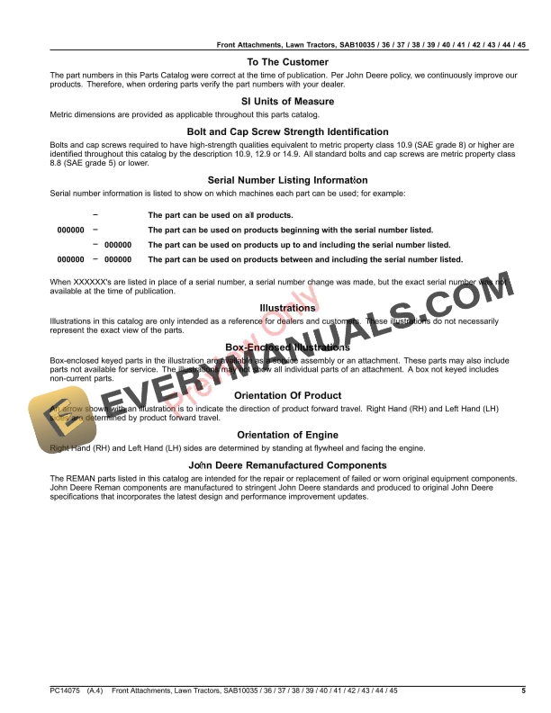 John Deere Front Attachments, Lawn Tractors, SAB10035 36 37 38 39 40 41 42 43 44 45 Parts Catalog PC14075 08AUG16-5