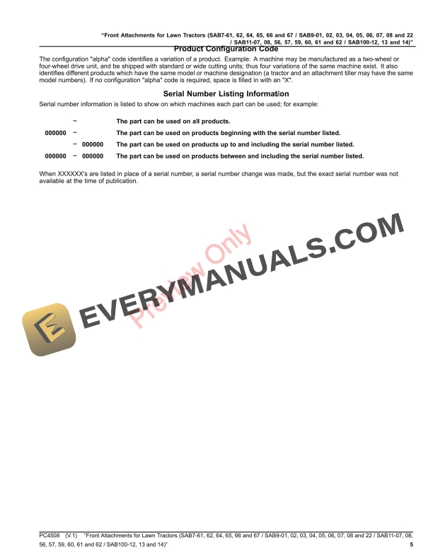 John Deere Front Attachments for Lawn Tractors (SAB7 Parts Catalog PC4508 21SEP20-5