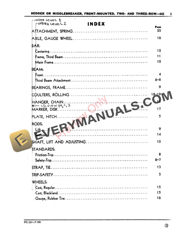 John Deere Front-Mounted Bedder or Middlebreaker – 442 Parts Catalog PC331 01JUL59-3