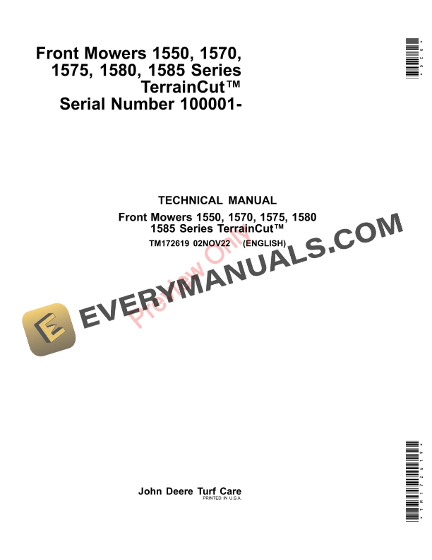 John Deere Front Mowers 1550, 1570, 1575, 1580, 1585 Series TerrainCut (080001 Technical Manual TM172619 02NOV22-1