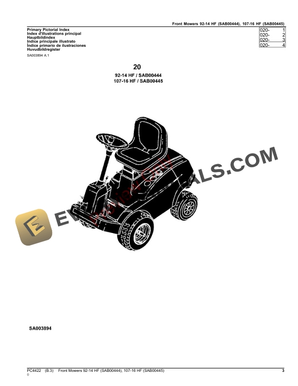 John Deere Front Mowers 92-14 HF (SAB00444), 107-16 HF (SAB00445) Parts Catalog PC4422 08SEP17-3