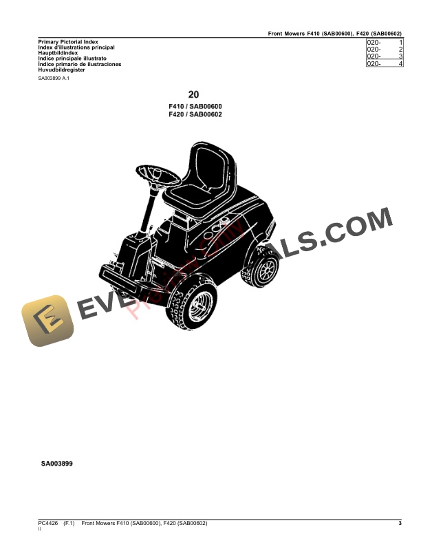 John Deere Front Mowers F410 (SAB00600), F420 (SAB00602) Parts Catalog PC4426 18SEP20-3